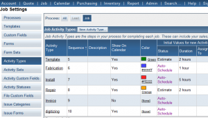 JobTracker Activity Type settings Job settings Activity Types