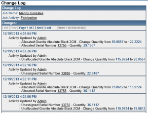 Allocated material change log