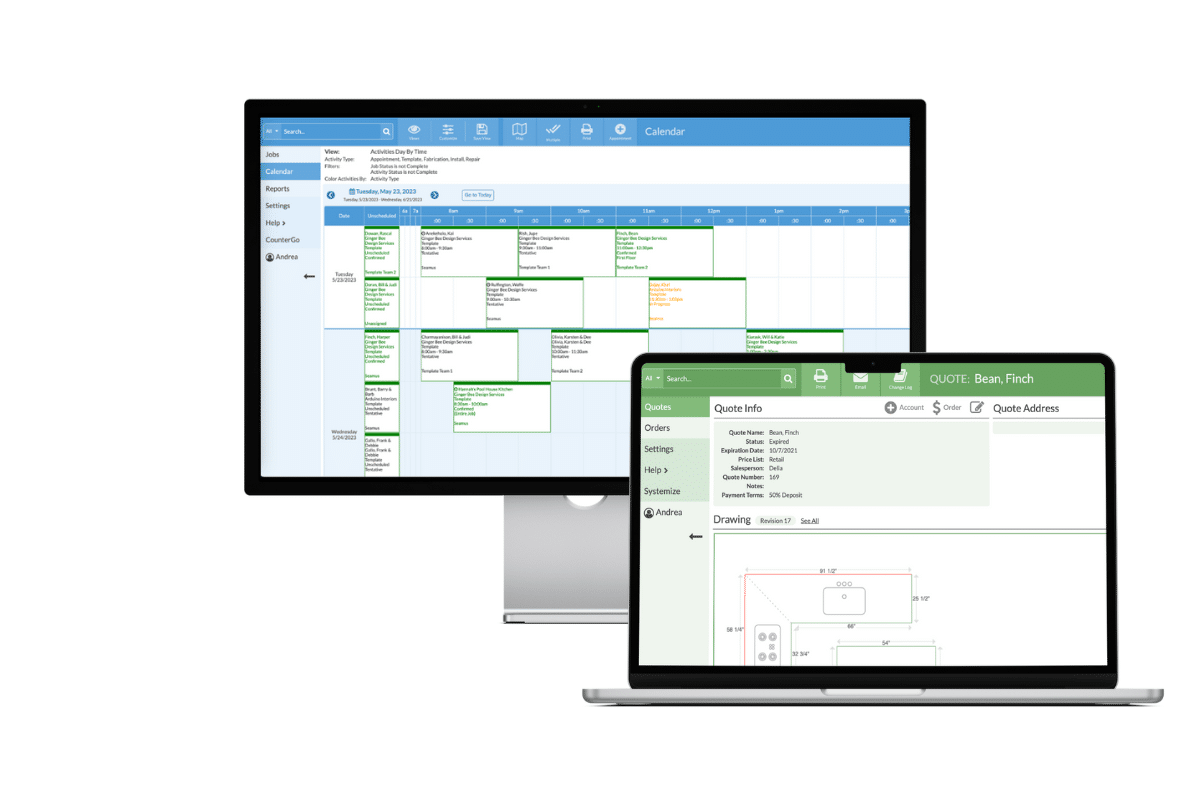 Countertop fabrication software screens from CounterGo & Systemize 