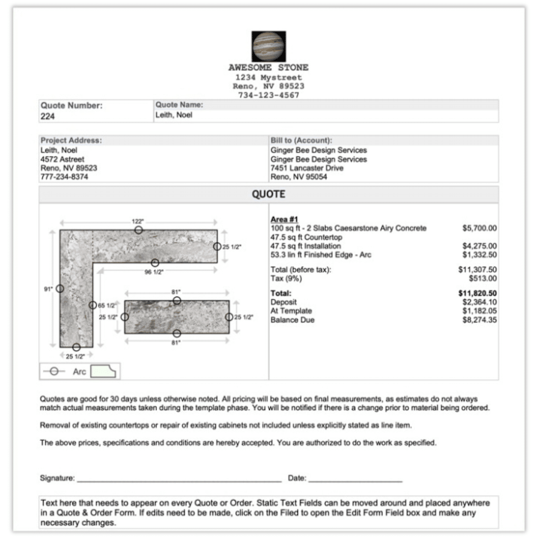 Countertop job quote sample in CounterGo